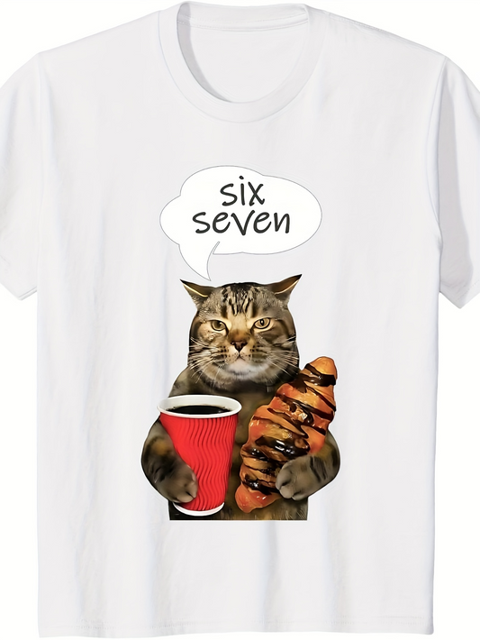 Men's Graphic T-Shirt Six Seven Funny Cat With Coffee And Croissant Under Cartoon Speech Bubble