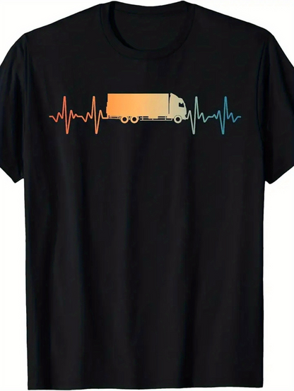 Men's Graphic T-Shirt Colorful Gradient Electrocardiogram Line With Sunset Toned Cargo Truck
