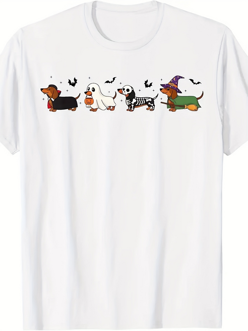 Men's Graphic T-Shirt Adorable Dachshunds Wearing Halloween Costumes With Flying Black Bats