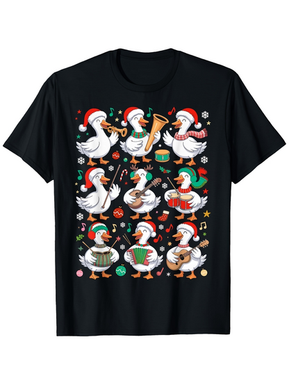 Men's Graphic T-Shirt Ducks Wearing Santa Hats Playing Festive Musical Instruments Drums And Trumpets