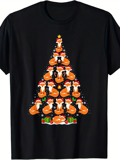 Men's Graphic T-Shirt Christmas Tree Formed With Cartoon Foxes Wearing Red Hats