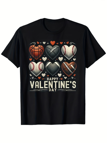Men's Graphic T-Shirt Happy Valentines Day Hearts With Sports Motifs Baseball Football And Basketball
