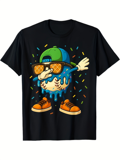 Men's Graphic T-Shirt Dabbing Cartoon Baseball In Sneakers With Playful Party Confetti Character