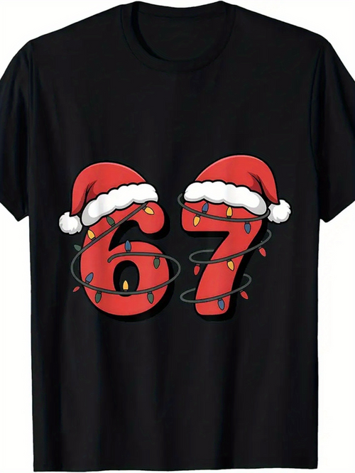 Men's Graphic T-Shirt Christmas Lights Wrapped Red Numbers With Santa Hats