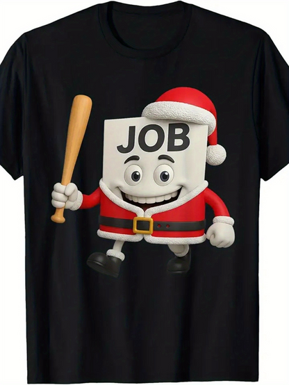 Men's Graphic T-Shirt Christmas Santa Outfit Cartoon With Smiling Cube Carrying Wooden Baseball Bat