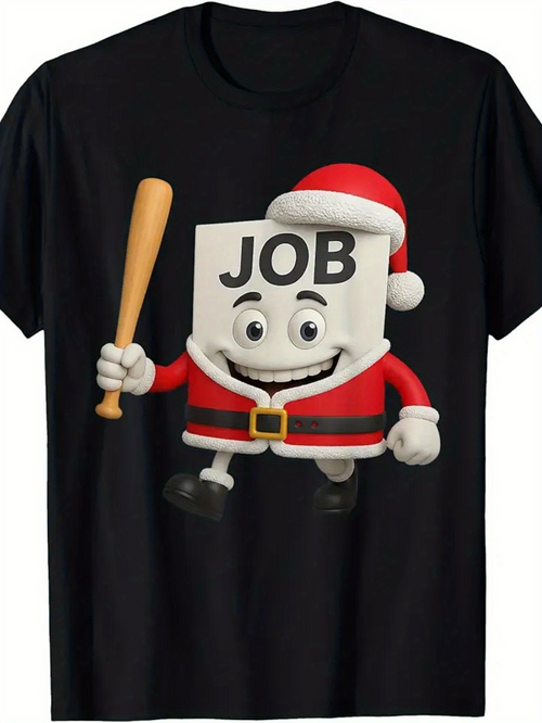 Men's Graphic T-Shirt Christmas Santa Outfit Cartoon With Smiling Cube Carrying Wooden Baseball Bat