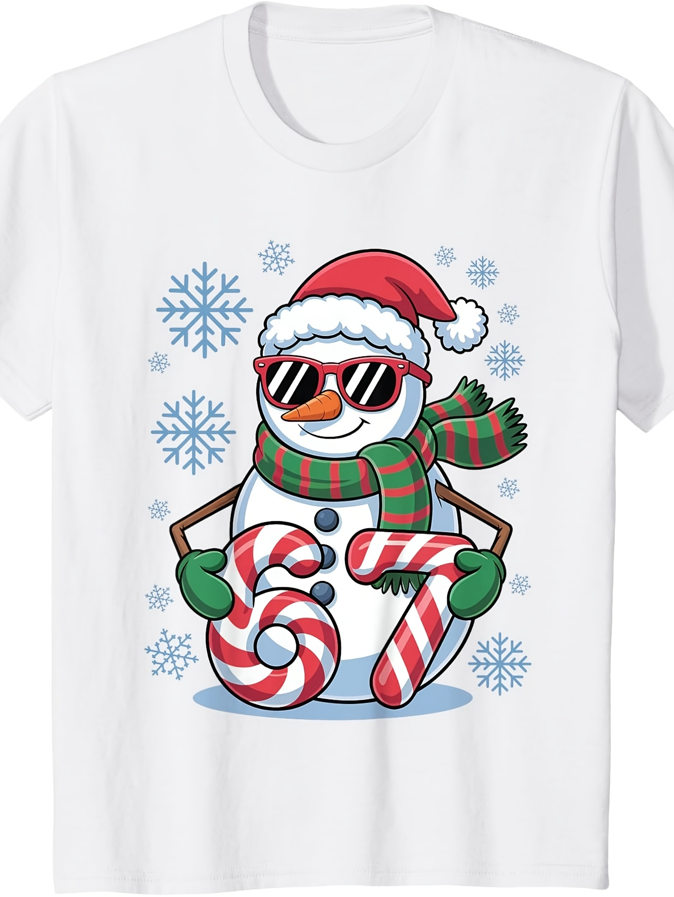 Men's Graphic T-Shirt Striped Candy Cane Numbers With Snowflakes And Happy Snowman