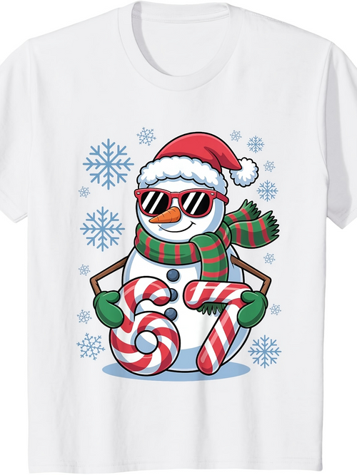 Men's Graphic T-Shirt Striped Candy Cane Numbers With Snowflakes And Happy Snowman