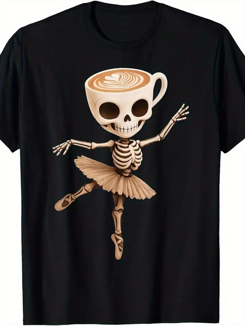 Men's Graphic T-Shirt Ballet Skeleton Dancing With Latte Cup Head Under Spotlight