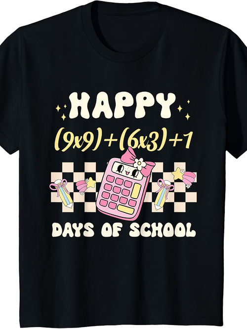 Men's Graphic T-Shirt Happy School Days With Pink Calculator And Geometric Shapes