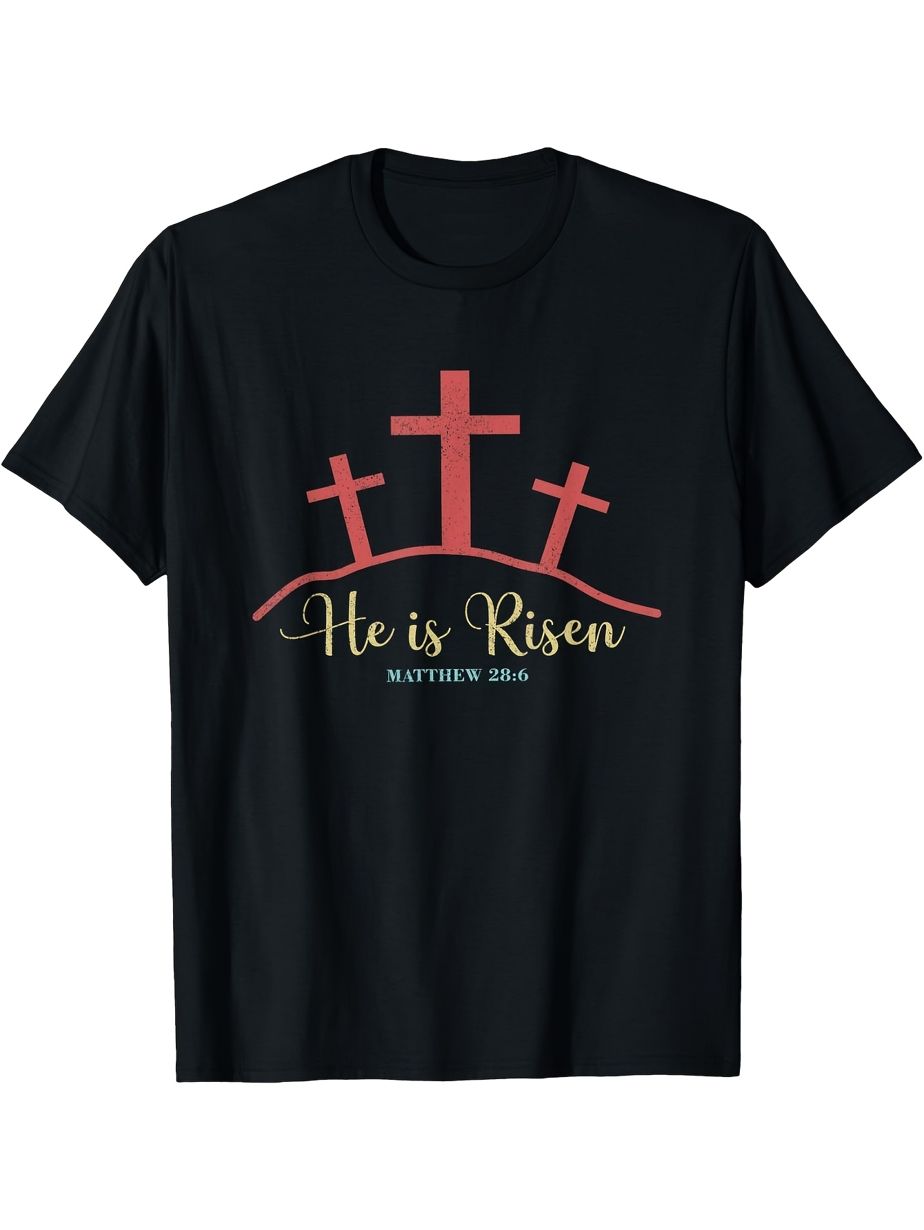 Men's Graphic T-Shirt He Is Risen Three Red Crosses On Rising Hill Black Shirt