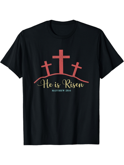 Men's Graphic T-Shirt He Is Risen Three Red Crosses On Rising Hill Black Shirt