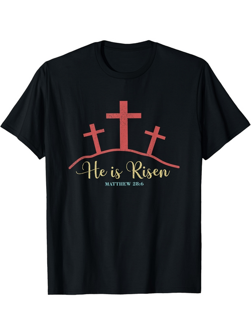 Men's Graphic T-Shirt He Is Risen Three Red Crosses On Rising Hill Black Shirt