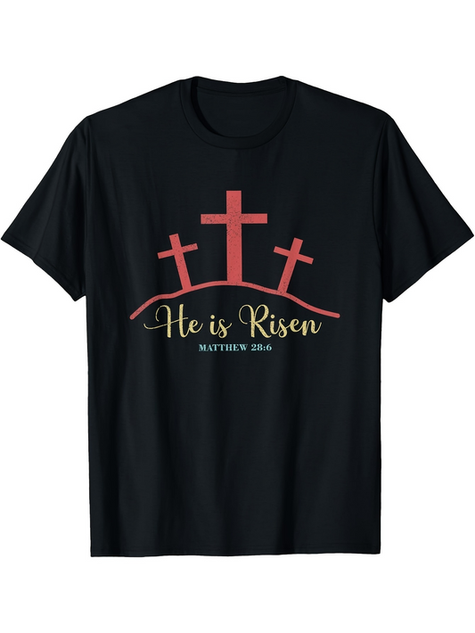 Men's Graphic T-Shirt He Is Risen Three Red Crosses On Rising Hill Black Shirt