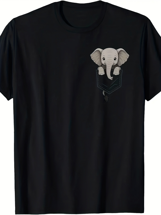 Men's Graphic T-Shirt Playful Young Elephant Peeking Out From Cartoon Fabric Pocket