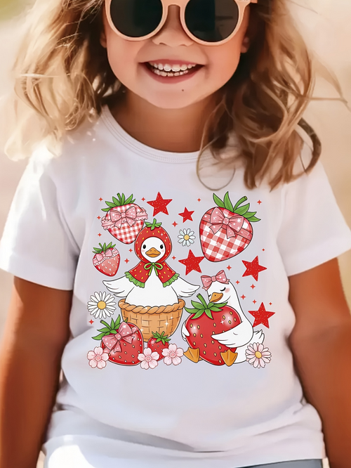 Men's Graphic T-Shirt Playful Strawberry Stars And Flowers With Adorable Goose