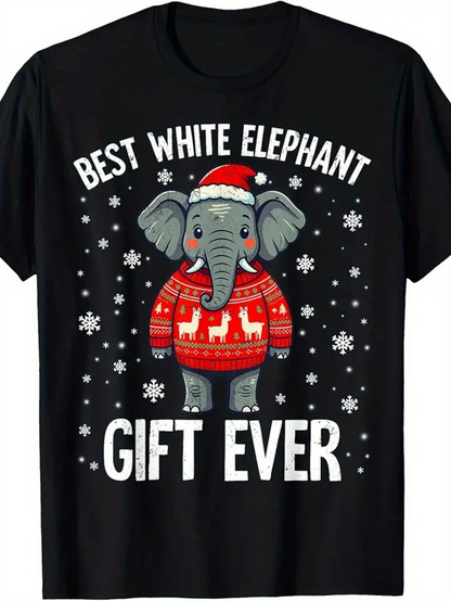 Men's Graphic T-Shirt Best White Elephant Gift Ever With Festive Red Sweater Wearing Cartoon Elephant
