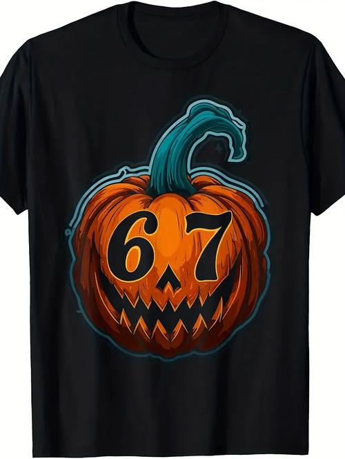 Men's Graphic T-Shirt Grinning Jackolantern Pumpkin With Flaming Blue Green Stem Under Orange Glow