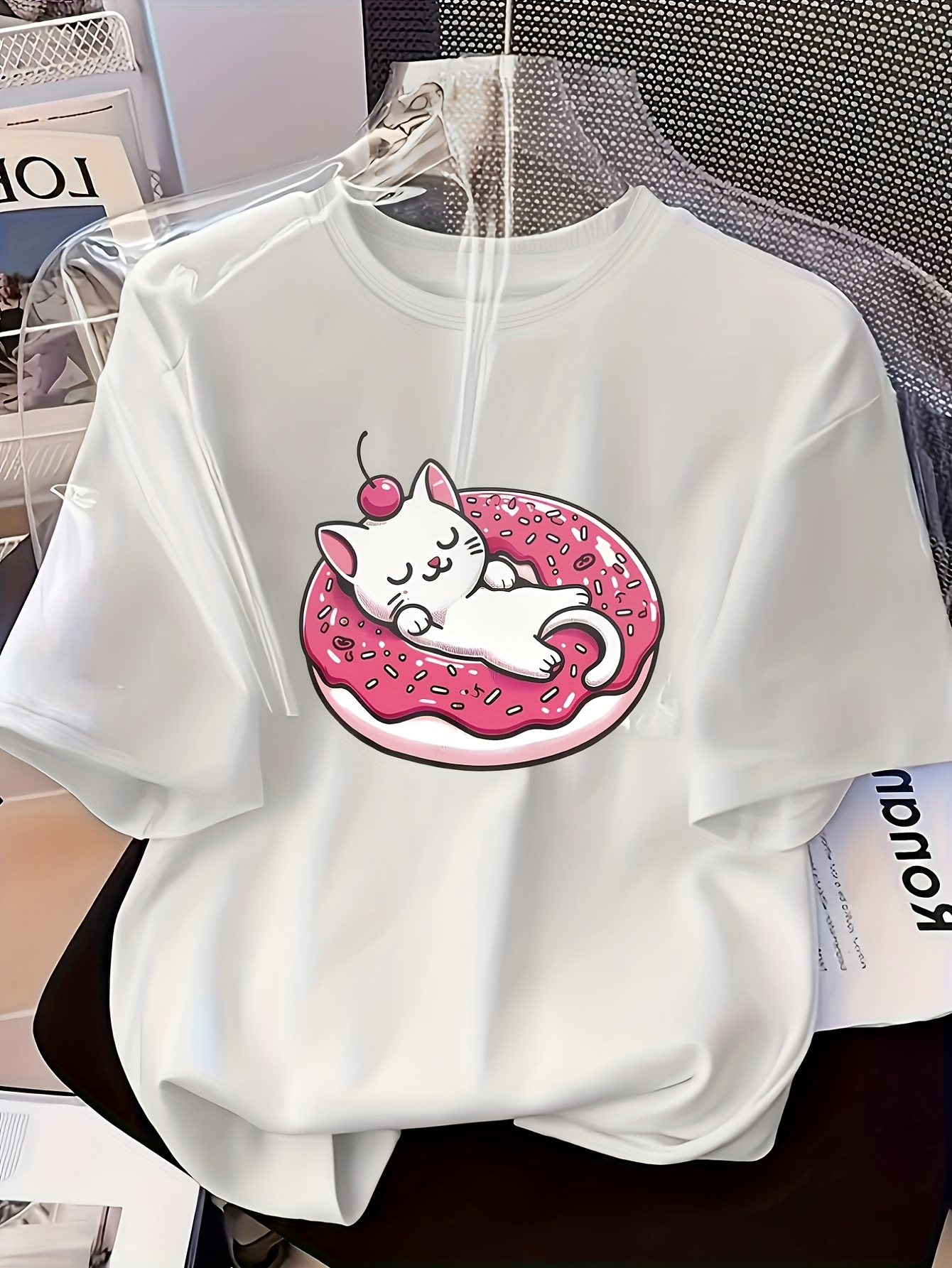 Men's Graphic T-Shirt Pink Frosted Donut With Cherry Sleeping Cat At Center