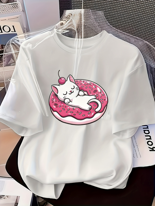 Men's Graphic T-Shirt Pink Frosted Donut With Cherry Sleeping Cat At Center