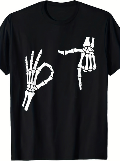 Men's Graphic T-Shirt Skeleton Hands Making Gesture Sign On Black Cotton T Shirt