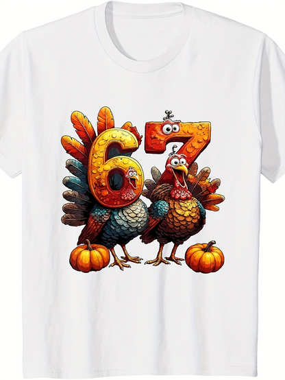 Men's Graphic T-Shirt Cartoon Pumpkins With Colorful Feathered Birds And Playful Numbers Turkey