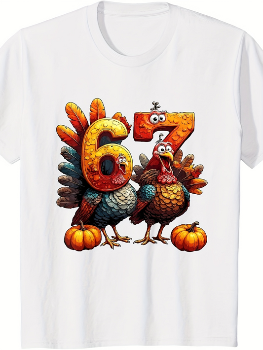 Men's Graphic T-Shirt Cartoon Pumpkins With Colorful Feathered Birds And Playful Numbers Turkey