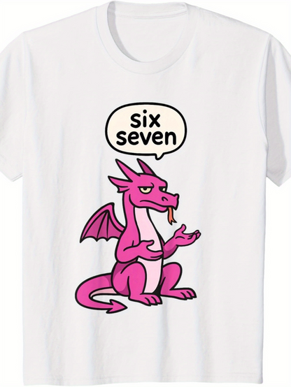 Men's Graphic T-Shirt Six Seven With Playful Pink Cartoon Dragon Breathing Flames