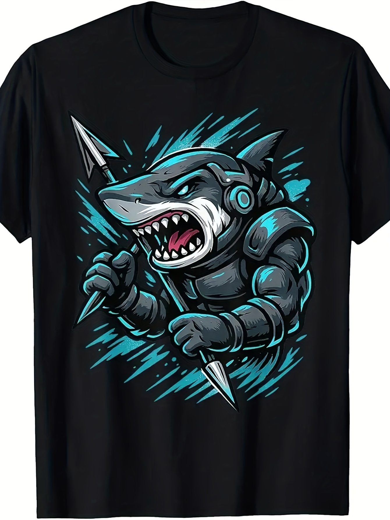 Men's Graphic T-Shirt Futuristic Blue Streaks And Silver Armored Battle Shark