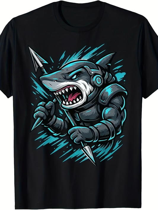 Men's Graphic T-Shirt Futuristic Blue Streaks And Silver Armored Battle Shark