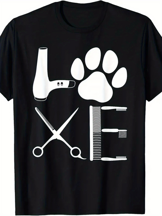 Men's Graphic T-Shirt Creative Pet Grooming Tools Forming The Word Love With Pawprint