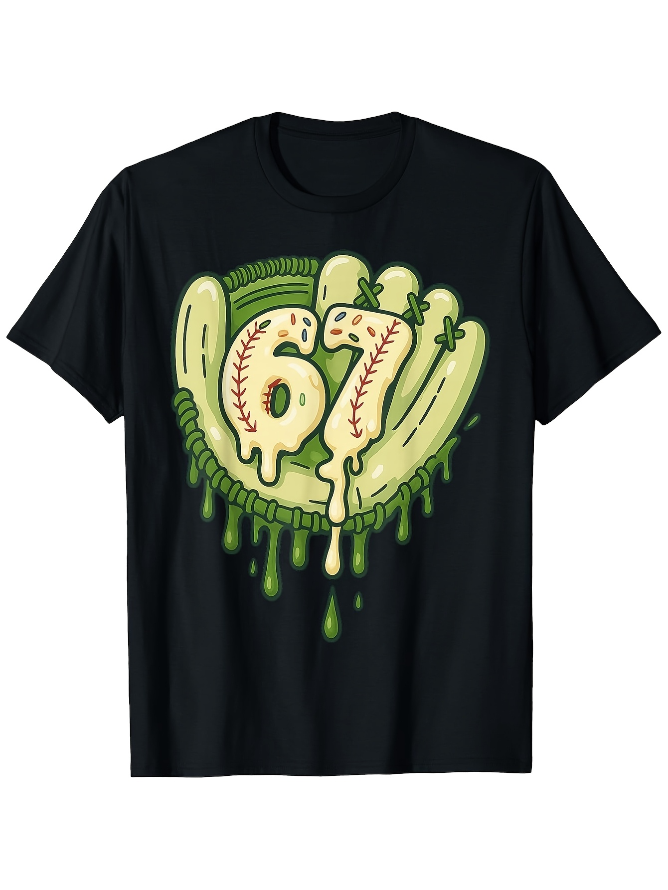 Men's Graphic T-Shirt Baseball Motif With Melting Dripping Numbers On Black Shirt