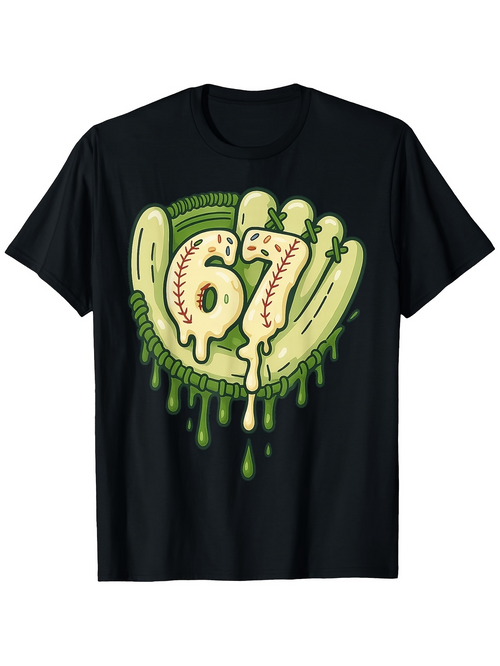 Men's Graphic T-Shirt Baseball Motif With Melting Dripping Numbers On Black Shirt