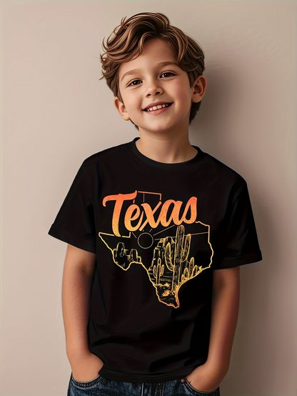 Men's Graphic T-Shirt Texas Neon Outline With Desert Cactus At Sunset State Map