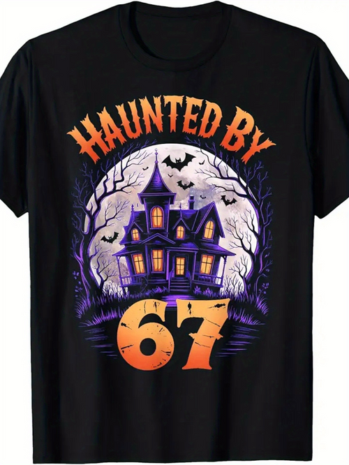 Men's Graphic T-Shirt Haunted By 67 Full Moon Night With Spooky Bats And Haunted House