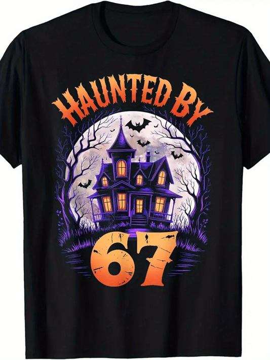 Men's Graphic T-Shirt Haunted By 67 Full Moon Night With Spooky Bats And Haunted House