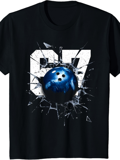 Men's Graphic T-Shirt Blue Bowling Ball Breaking Glass With Large White Numbers