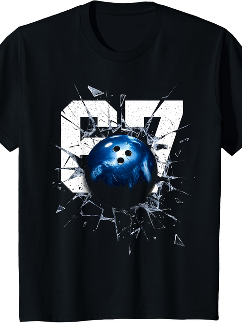 Men's Graphic T-Shirt Blue Bowling Ball Breaking Glass With Large White Numbers