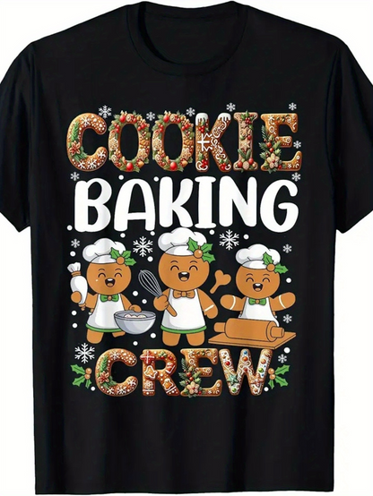 Men's Graphic T-Shirt Cookie Baking Crew Happy Gingerbread Chefs Rolling Pin Mixing Bowl Snowflakes Cookie