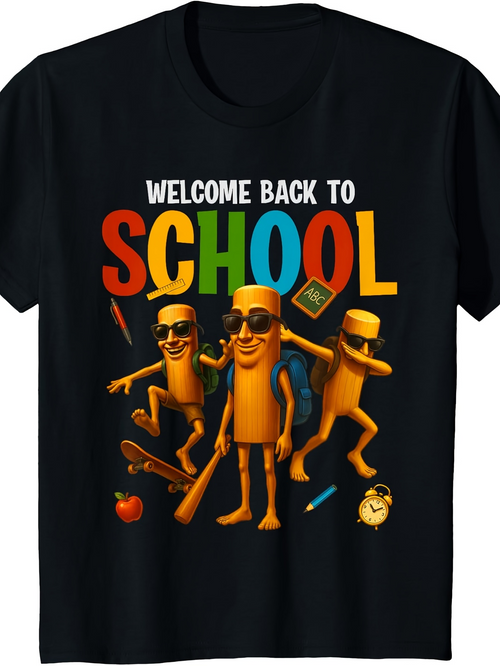 Men's Graphic T-Shirt Welcome Back To School Dancing Cartoon Pencils With Skates And Sunglasses Under Colorful Letters