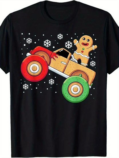 Men's Graphic T-Shirt Festive Monster Truck With Gingerbread Man And Snowflakes Truck