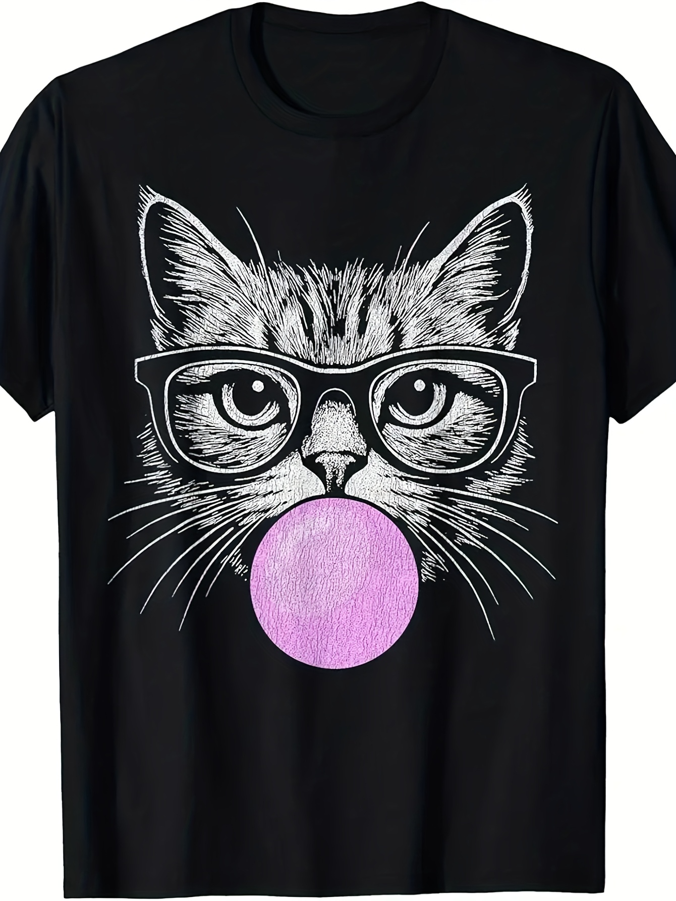 Men's Graphic T-Shirt Playful Hand Drawn Cat Wearing Glasses With Pink Bubblegum