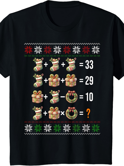 Men's Graphic T-Shirt Math Puzzle Santa Sleigh With Christmas Wreath And Gift Boxes