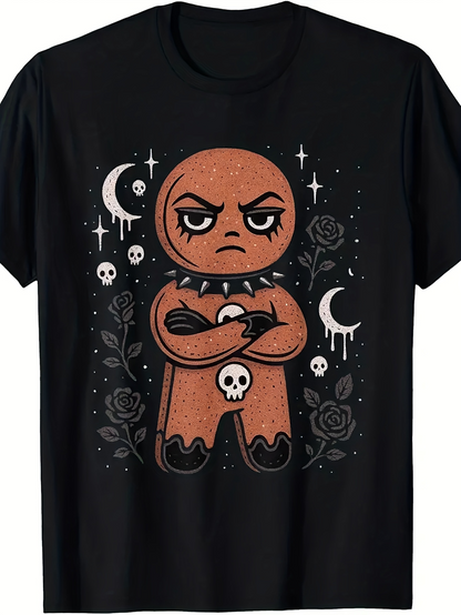 Men's Graphic T-Shirt Mysterious Night With Skulls And Angry Gingerbread Cookie Character