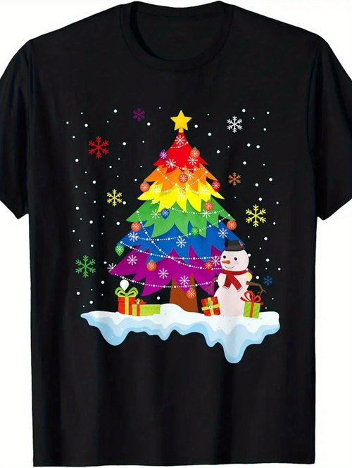 Men's Graphic T-Shirt Festive Snowy Scene With Rainbow Christmas Lights Shining Over Tree