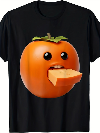 Men's Graphic T-Shirt Cute Cartoon With Chewing Cheese Among Glossy Orange Fruit