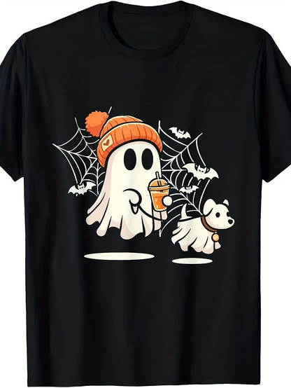 Men's Graphic T-Shirt Playful Ghost With Coffee Walking Dog Among Spider Webs Bats