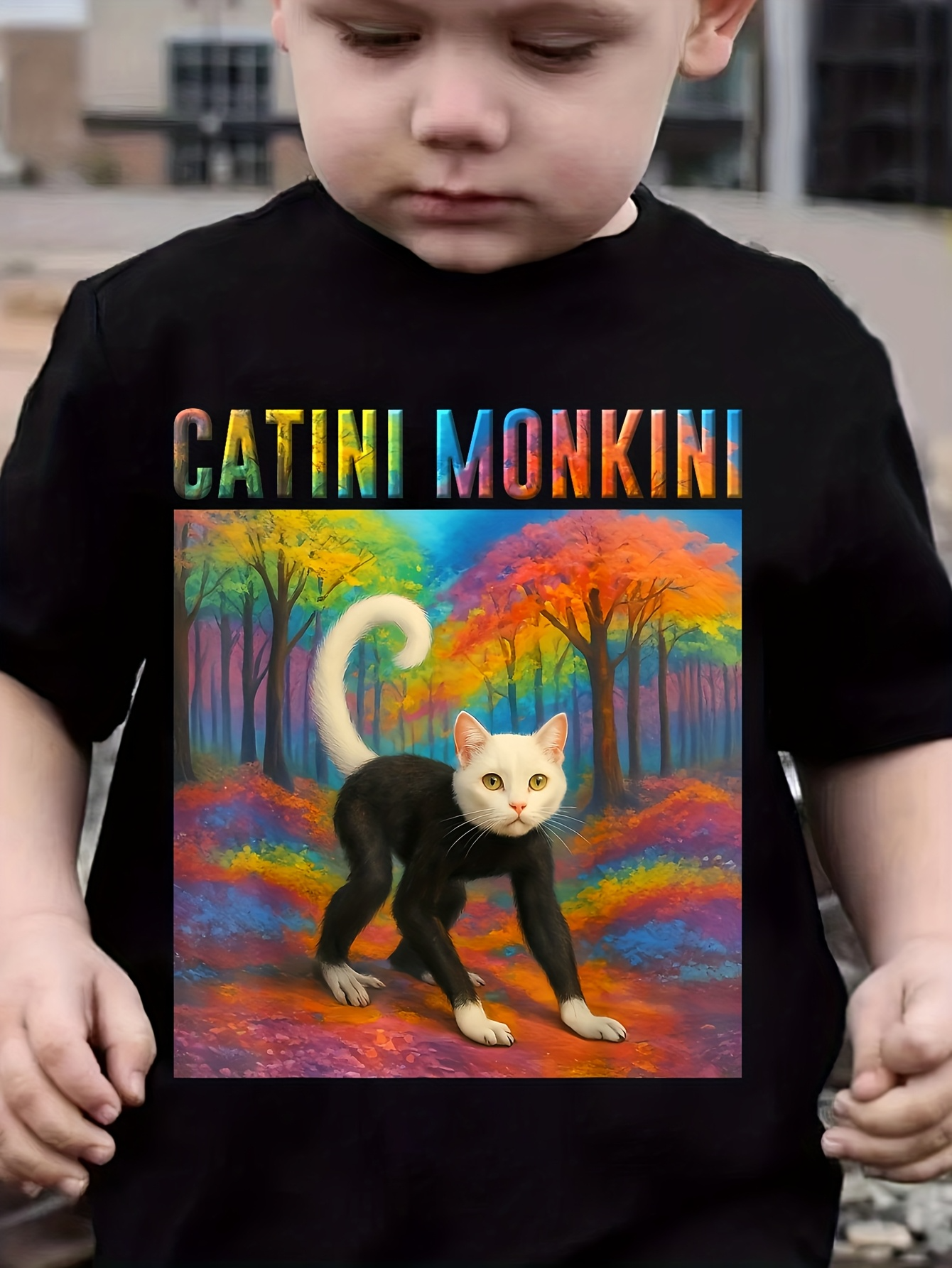 Men's Graphic T-Shirt Catini Monkini Vibrant Rainbow Forest With Curious Cat Walking