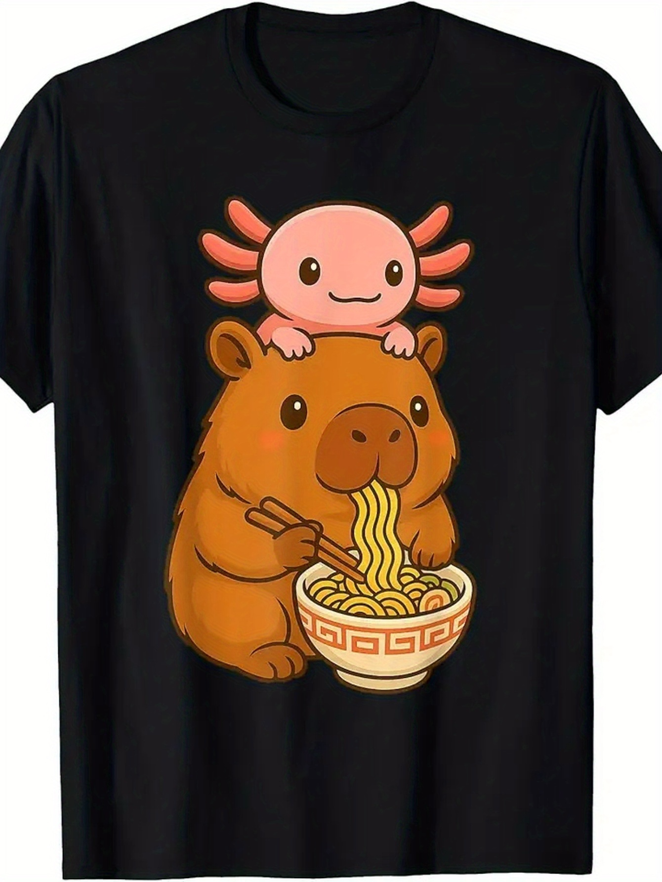 Men's Graphic T-Shirt Cartoon Axolotl Sitting On Capybara Eating Ramen Noodles