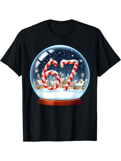Men's Graphic T-Shirt Snowy Winter Night With Candy Cane Numbers In Glass Globe